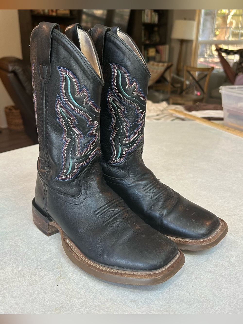 Old West Black Kids Western Boots Square Toe with Teal Accent Stitching